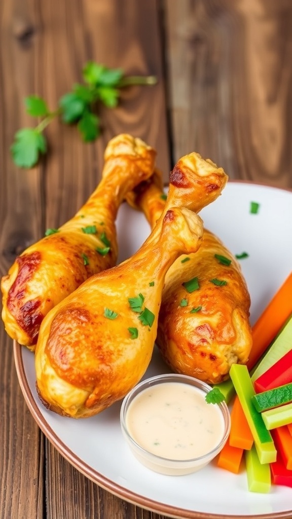Crispy baked chicken drumsticks on a plate with herbs and dipping sauce, served with vegetable sticks.